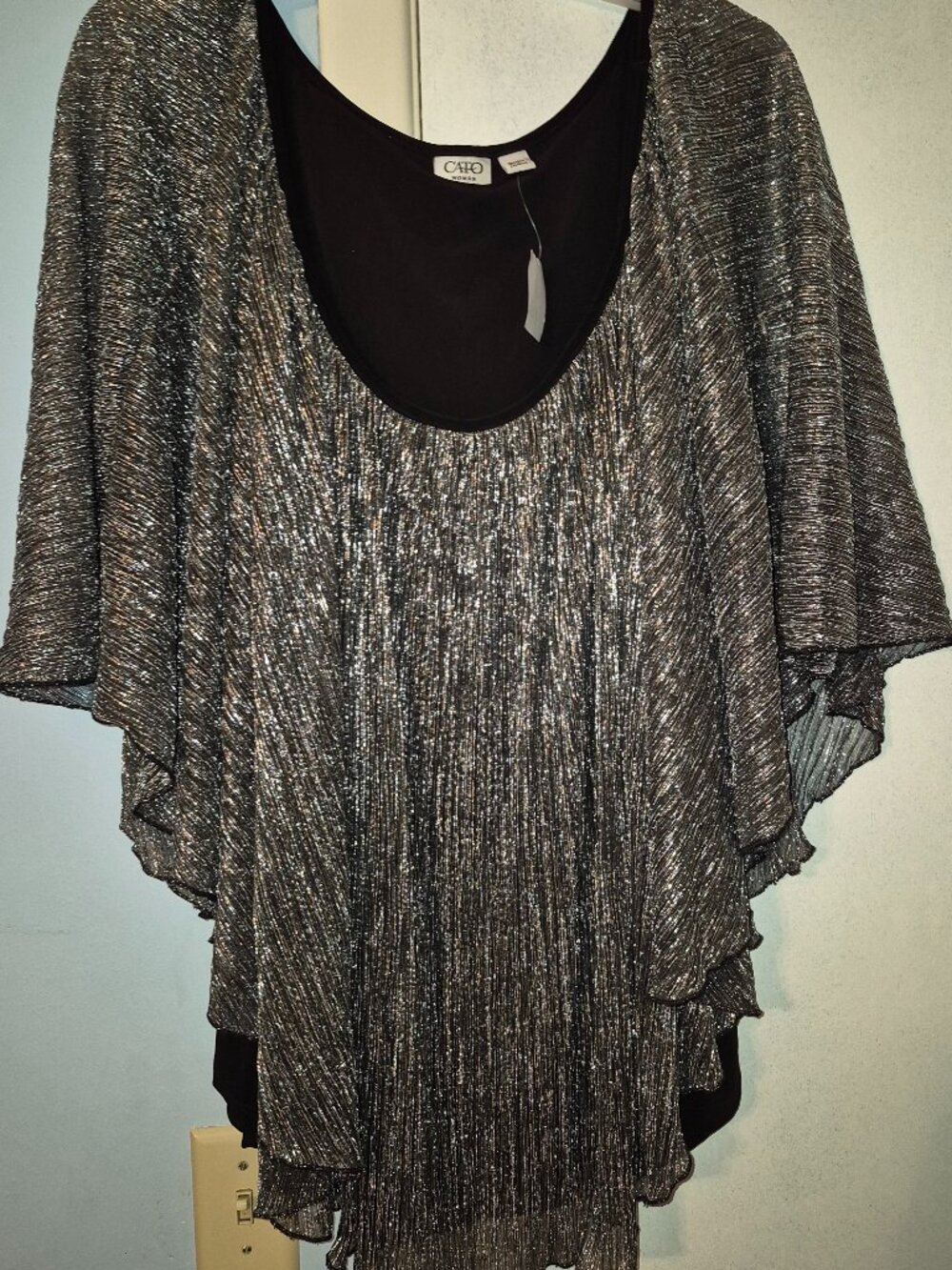 Cato Woman Black & Silver Metallic Overlay Blouse Drape Sleeves Women's Plus 4X
